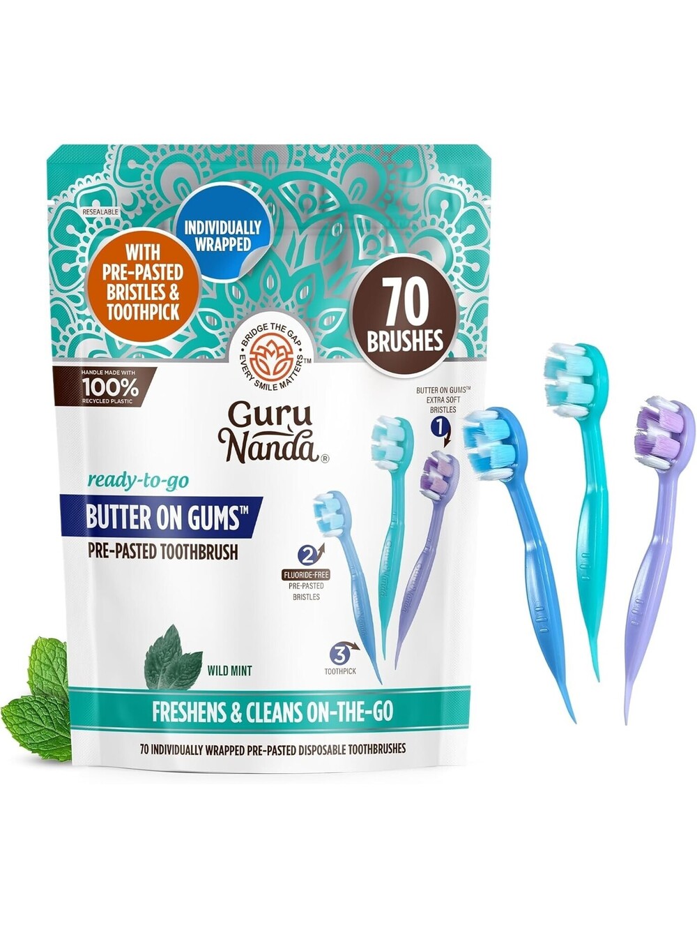 GuruNanda Butter on Gums Pre-Pasted Toothbrushes 70 Ct Wild Mint NEW